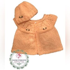 Hand Knit Baby Matinee Sweater Set in Soft‎ Peach w/Ribbon Roses NEW Size 6-9mo